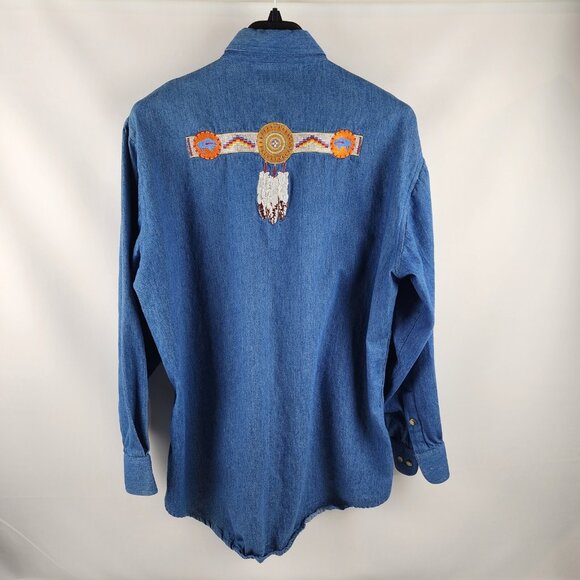 Crazy Cowboy Rodeo Western Shirt Mens XL Aztec L/S Embroidered Denim Chambray - Picture 5 of 7